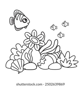 Mini-game for children. Coloring book for children. Fish and algae. Cartoon style.