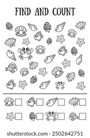 Mini-game for children, find and count. Sea illustration with animals. Education for preschoolers. Black and white illustration.