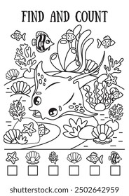 Mini-game for children, find and count. Sea illustration from the skat. Education for preschoolers. Black and white illustration.