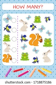 Mini-game for children: how many. Set of funny characters: animals, birds, insects. Vector illustration for kids. 