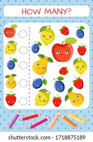 Mini-game for children: how many. Set funny of fruits and vegetables with kawaii face. Pear, apple, plum, strawberry, lemon. Vector illustration for kids.