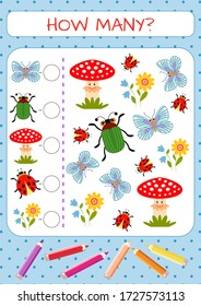 Mini-game for children: how many. Set of funny characters: butterfly, beetle, mushroom, ladybug, flower. Vector illustration for kids.