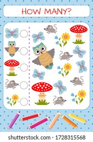 Mini-game for children: how many. Set of funny characters: butterfly, beetle, mushroom, ladybug, flower. Vector illustration for kids.