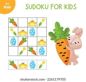 Mini-game for children on the theme of Easter. Help solve sudoku with eggs and carrots