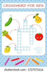 Mini-game: crossword for children. Learning English words. Set of funny characters: lemon, carrot, cucumber, pear, tomato. Vector illustration for kids.
