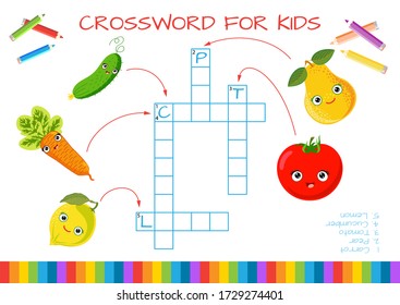 Mini-game: crossword for children. Learning English words. Set of funny characters: lemon, carrot, cucumber, pear, tomato. Vector illustration for kids.