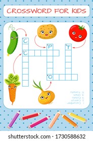 Mini-game: crossword for children. Learning English words. Set of funny characters: carrots, cucumber, onion, tomato, potato. Vector illustration for kids.