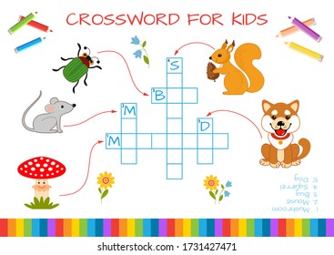 Mini-game: crossword for children. Learning English words. Set of funny characters: Mushroom, mouse, bug, squirrel, dog. Vector illustration for kids.