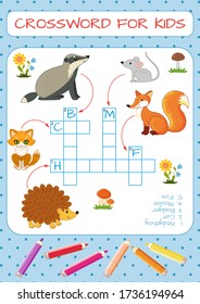 Mini-game: crossword for children. Learning English words. Set of funny characters:hedgehog, cat, badger, mouse, fox. Vector illustration for kids.