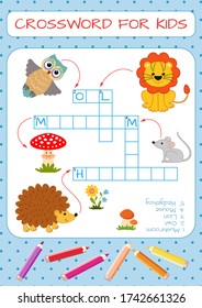 Mini-game: crossword for children. Learning English words. Set of funny characters: hedgehog, mouse, lion, owl, mushroom. Vector illustration for kids.