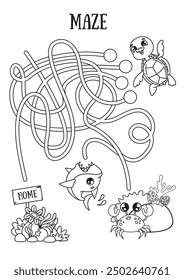 Mini-game for kids. Maze. Help the turtle get home. Nemo get to your house. Black and white illustration.