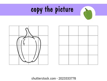 Mini juego en papel - repita el dibujo de pimienta verde dulce, ejemplo a la derecha. Copiar la verdura usando líneas de cuadrícula, un simple juego de niños pequeños con un nivel de juego fácil, dibujando para los niños