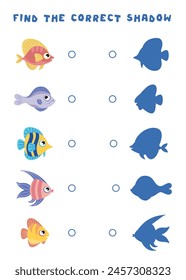 Mini-games for children. find the shadow of the fish, connect the fish with its shadow. simple logic games for preschoolers.