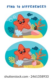 Mini-games for children. preschoolers. Find 10 differences. images with a starfish. Logical tasks for preschoolers. Games 3-4 years.