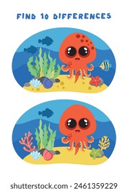 Mini-games for children. preschoolers. Find 10 differences. image with the sea octopus. Logical tasks for preschoolers. Games 3-4 years.