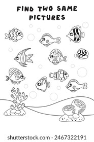 Mini-games for children. preschoolers. Find a couple of fish. Picture with cartoon fish. Games 3-4 years old. Mini-games for children. Logic development in children. black and white image