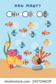 Mini-games for children. preschoolers. How many fish in the image. Image with cartoon fish. Games 3-4 years. Mini-games for children. Development of logic in children.