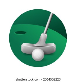 Icono de minigolf 3D con campo de golf, hoyo y equipo - bola y club. Ilustración aislada del logotipo, la formación o la competencia