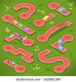 Campo de minigolf con rampas, obstáculos y puentes (ilustración vectorial isométrica)