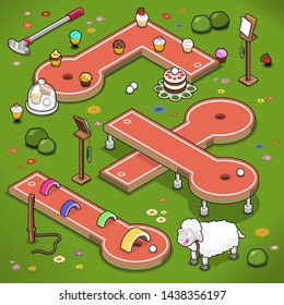 Minigolf lanes with muffins, bridge obstacles and crossed paths (vector illustration in isometric view)
