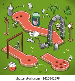 Minigolf lanes, scary Halloween themed including bones, spider and a graveyard (isometric vector)