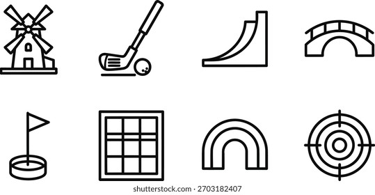 Conjunto de iconos de línea de minigolf aislado sobre fondo transparente