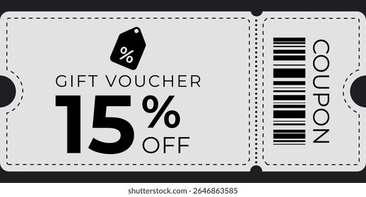 Minimal 15% off coupon ticket with clean design, tag icon, and dashed border. Ideal for e-commerce, sale banners, promotions, vouchers, and discount advertisements