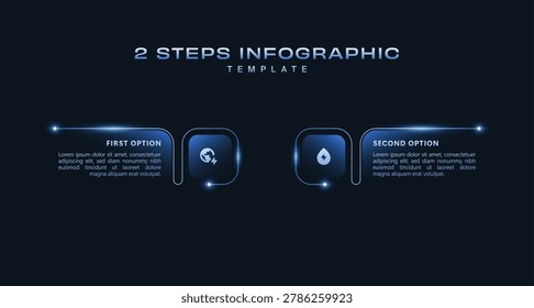 Minimal 2 step infographic template with futuristic blue glow, digital workflow presentation, modern business process visualization, clean technology vector diagram layout