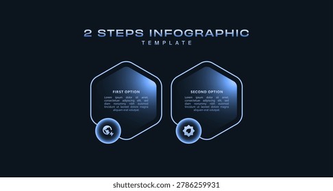 Minimal 2 step infographic template with futuristic blue glow, digital workflow presentation, modern business process visualization, clean technology vector diagram layout