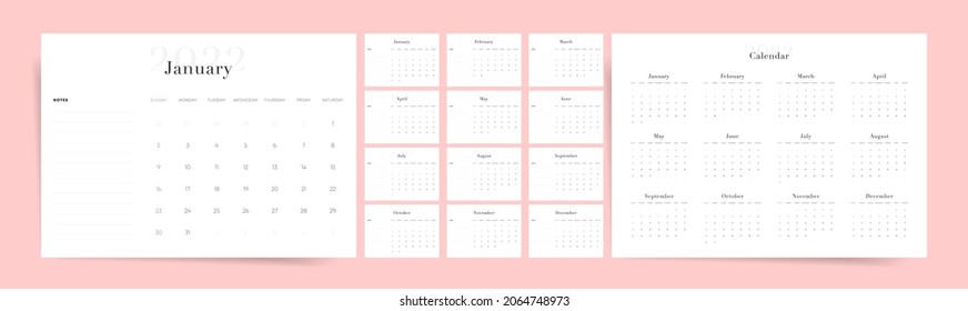 Minimal 2022 calendar design. Week starts on Sunday. Editable clean and elegant calendar page template. Place for notes. Minimalist trendy design for desktop design calendar planner. Set of 12 months