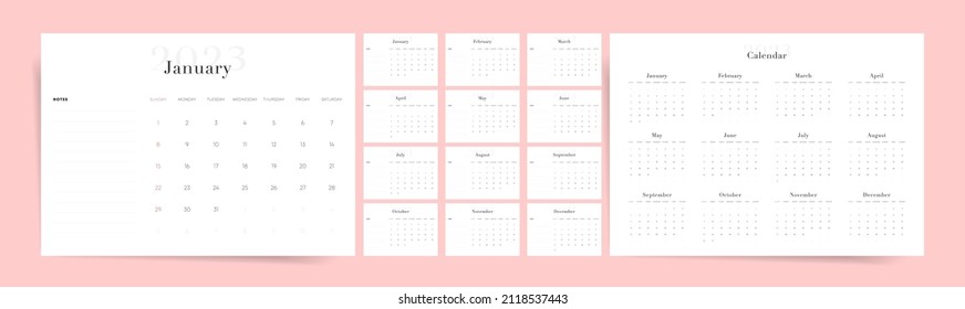 Minimal 2023 calendar design. Week starts on Sunday. Editable clean and elegant calendar page template. Place for notes. Minimalist trendy design for desktop design calendar planner. Set of 12 months	