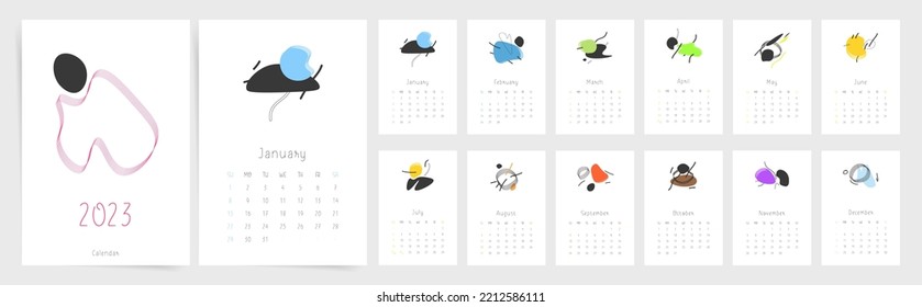 Minimal 2023 Calendar Design. Week Starts On Sunday. Calendar Page Template With Colorful Abstract Shapes And Elements. Aesthetic Geometric Design. Wall Or Desktop Calendar Planner. Set Of 12 Months.	