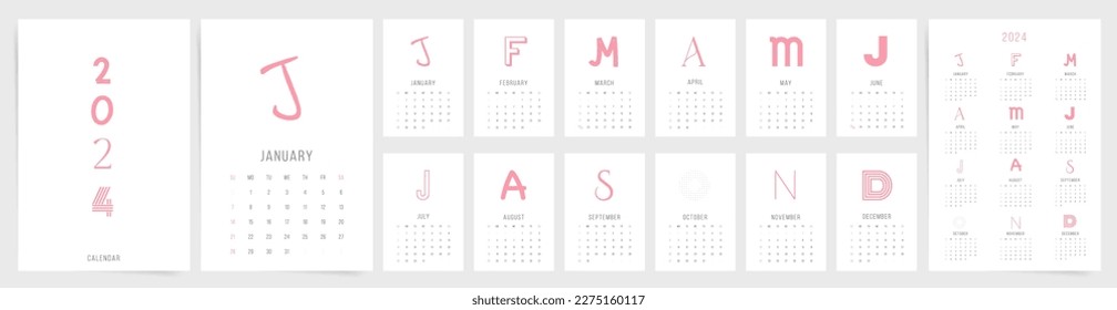 Minimal 2024 calendar design. Week starts on Sunday. Monthly pages calendar for 2024 with modern minimal typography. 