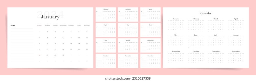 Minimal 2024 calendar design. Week starts on Sunday. Editable clean and elegant calendar page template. Place for notes. Minimalist trendy design for desktop design calendar planner. Set of 12 months.