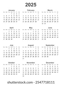 minimal 2025 calendar for print. vector calendar.	