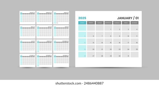 Minimal 2025 calendar, 2025 calendar week starts Monday corporate design template. Desk calendar 2025. Planning calendar.