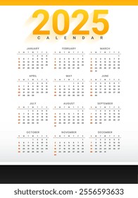 minimal 2025 new year calendar layout in white yellow vector