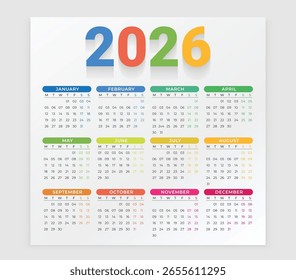 Minimal 2026 Calendar with Color. 2026 calenar design