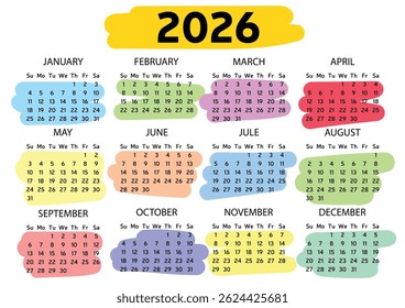 Calendário mínimo 2026 com cor. Arte vetorial desenhada à mão. 