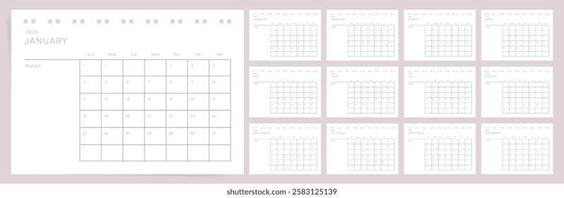 Minimal 2026 calendar design. Week starts on Sunday. Editable clean and elegant calendar page template. Minimalist trendy design for desktop design 2026 calendar planner. Set of 12 months	