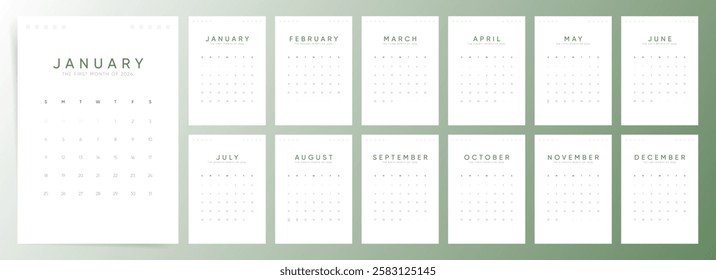 Minimal 2026 calendar design. Week starts on Sunday. Editable clean and elegant calendar page template. Minimalist trendy design for desktop design 2026 calendar planner. Set of 12 months