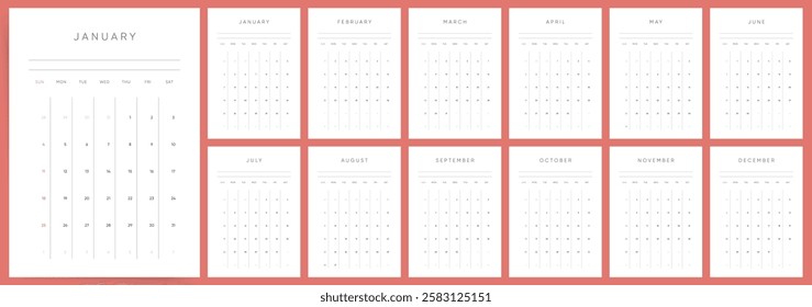 Minimal 2026 calendar design. Week starts on Sunday. Editable clean and elegant calendar page template. Minimalist trendy design for desktop design 2026 calendar planner. Set of 12 months	