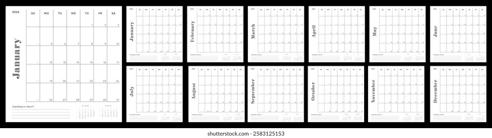 Minimal 2026 calendar design. Week starts on Sunday. Editable square elegant calendar pages template. Place for notes. Minimalist 2026 design for desktop design calendar planner. Set of 12 months.