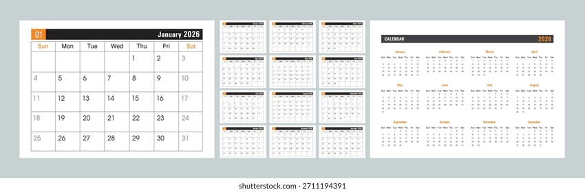 Minimal 2026 calendar layout featuring monthly and yearly views in a clean, modern design. Perfect for planning, scheduling, and organizational print or digital use.