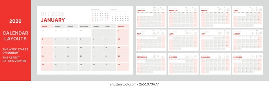 Modelo de layout de calendário mínimo 2026 com semana começando no domingo, tema cinza vermelho, design de planejador mensal limpo para uso comercial ou pessoal, taxa de proporção horizontal 210x150 pixels