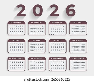 minimal 2026 calendar for print. vector calendar