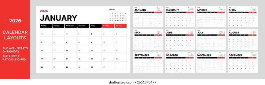 Minimal 2026 calendar template with bold red black weekday headers modern grid layout Monday start vector horizontal planner aspect ratio 210x150 with full year preview clean typography