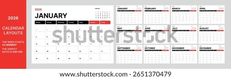 Minimal 2026 calendar template with bold red black weekday headers modern grid layout Monday start vector horizontal planner aspect ratio 210x150 with full year preview clean typography