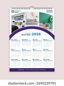 Calendario de pared mínimo 2026 Plantilla