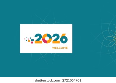 Un diseño de bienvenida mínimo de 2026 con Elementos abstractos punteados y fondo azul suave. Ideal para saludos modernos, marca y publicaciones de Año Nuevo. Archivo EPS editable.